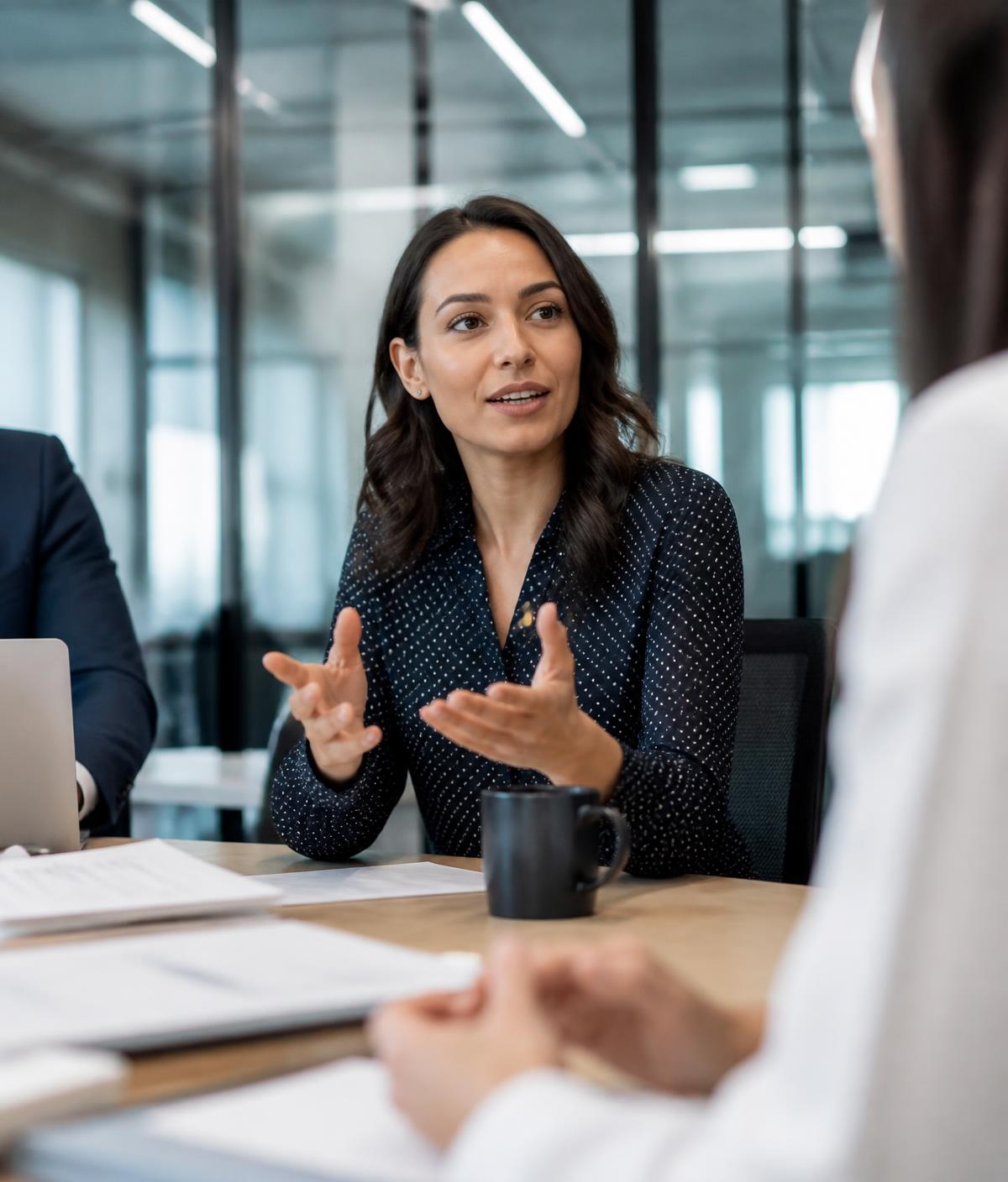 Profesionista comunicándose con confianza en inglés en una junta de trabajo
